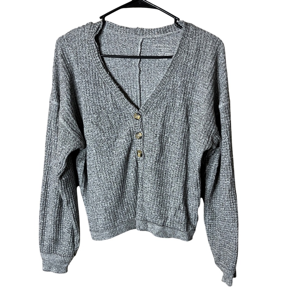 American Eagle Outfitters‎ Waffle Knit V Neck Long Sleeve Top Gray XS